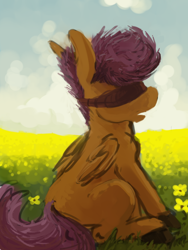 Size: 600x800 | Tagged: safe, artist:celestiawept, character:scootaloo, species:pegasus, species:pony, blank flank, blindfold, female, flower field, folded wings, grass field, open mouth, profile, sitting, solo