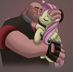 Size: 687x677 | Tagged: safe, artist:zelc-face, character:fluttershy, species:human, species:pegasus, species:pony, heavy weapons guy, hug, kiss on the cheek, kissing, team fortress 2