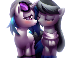 Size: 900x720 | Tagged: safe, artist:moonlitbrush, character:dj pon-3, character:octavia melody, character:vinyl scratch, species:earth pony, species:pony, species:unicorn, fanfic:university days, ship:scratchtavia, :o, beanie, bedroom eyes, blushing, boots, clothing, eyes closed, female, hat, imminent kissing, intertwined tails, lesbian, lips, mare, scarf, shipping