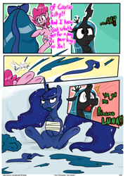 Size: 768x1079 | Tagged: safe, artist:shrabby, character:pinkie pie, character:princess luna, character:queen chrysalis, species:alicorn, species:changeling, species:earth pony, species:pony, ballgag, betrayal, birthday, bondage, changeling queen, comic, female, gag, imminent vore, mare, present, two princesses one queen, underhoof, villainous delights, wide eyes