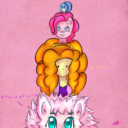 Size: 1500x1500 | Tagged: safe, artist:wolfy-pony, character:adagio dazzle, character:pinkie pie, character:sonata dusk, oc, oc:fluffle puff, species:earth pony, species:pony, equestria girls:rainbow rocks, g4, my little pony: equestria girls, my little pony:equestria girls, big hair, blep, female, hair, hammerspace, hammerspace hair, mare, tongue out