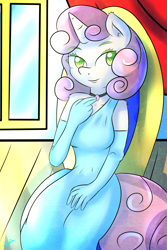 Size: 1280x1920 | Tagged: safe, artist:wolfy-pony, character:sweetie belle, species:anthro, beautiful, bedroom eyes, clothing, cute, dress, evening gloves, horn, older, pendant, pony ears