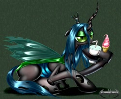 Size: 1280x1049 | Tagged: safe, artist:da-goddamn-batguy, character:queen chrysalis, species:changeling, changeling queen, drink, female, ice cream
