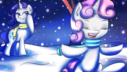 Size: 2560x1440 | Tagged: safe, artist:wolfy-pony, character:rarity, character:sweetie belle, clothing, scarf, snow, snowfall, winter