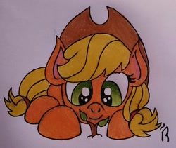 Size: 1024x865 | Tagged: safe, artist:dawn-designs-art, character:applejack, character:bloomberg, newbie artist training grounds, female, prone, smiling, solo, traditional art, younger