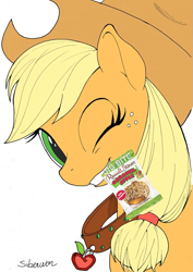 Size: 725x1024 | Tagged: safe, artist:siberwar, edit, character:applejack, chocolate, collar, mouth hold, russel stover, wink