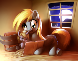 Size: 1024x805 | Tagged: safe, artist:moonlitbrush, character:derpy hooves, character:dinky hooves, species:pegasus, species:pony, bed, book, cute, derpabetes, dinkabetes, equestria's best mother, female, mare, night, read, reading