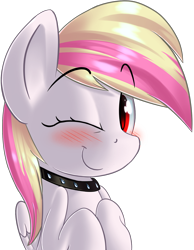 Size: 1176x1519 | Tagged: safe, artist:january3rd, oc, oc only, oc:rainy skies, species:pegasus, species:pony, blushing, collar, cute, raised hoof, simple background, solo, transparent background, wink