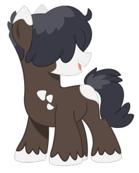 Size: 800x989 | Tagged: safe, artist:dbkit, oc, oc only, species:earth pony, species:pony, colt, hair over eyes, happy, male, open mouth, smiling, solo, spots, unshorn fetlocks, young
