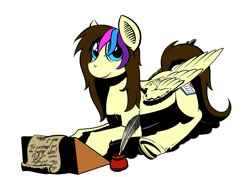 Size: 1169x826 | Tagged: safe, artist:darkhestur, oc, oc only, oc:lovely pages, species:pegasus, species:pony, female, ink, mare, parchment, quill, simple background, solo