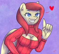Size: 1200x1100 | Tagged: safe, artist:wolfy-pony, oc, oc only, oc:bloodershy, species:anthro, anthro oc, cleavage, clothing, female, heart eyes, keyhole turtleneck, open-chest sweater, solo, sweater, turtleneck, wingding eyes