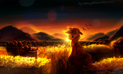 Size: 3300x2000 | Tagged: safe, artist:aquagalaxy, character:applejack, species:bird, species:earth pony, species:pony, apple, applejack's hat, clothing, cowboy hat, female, grass, hat, hill, mare, scenery, solo, stetson, sun