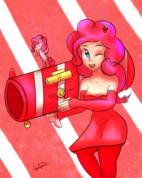 Size: 1024x1280 | Tagged: safe, artist:wolfy-pony, character:pinkie pie, species:human, clothing, female, human ponidox, humanized, party cannon, ponidox, santa costume, solo, wink