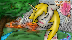 Size: 1280x720 | Tagged: safe, artist:setharu, oc, oc only, oc:goldenblood, species:pony, species:unicorn, fallout equestria, fallout equestria: project horizons, bust, canterlot, cloud, crying, explosion, male, mountain, outdoors, portrait, river, signature, solo, stallion, tree, war