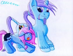 Size: 3284x2530 | Tagged: safe, artist:the1king, oc, oc only, oc:azure night, oc:seline, parent:oc:azure night, parent:princess luna, parents:azuna, parents:canon x oc, azuna, father and daughter, offspring, stretching, traditional art, yawn