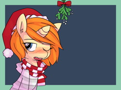 Size: 1262x933 | Tagged: dead source, safe, artist:whoop, oc, oc only, oc:whoop, blushing, clothing, femboy, hat, male, mistletoe, santa hat, snow, snowflake, solo, wingding eyes, wink