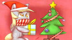 Size: 2560x1440 | Tagged: safe, artist:wolfy-pony, character:derpy hooves, species:pegasus, species:pony, christmas tree, clothing, female, hat, mare, present, santa hat, scarf, solo, tree