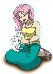 Size: 1024x1434 | Tagged: safe, artist:glancojusticar, character:angel bunny, character:fluttershy, species:human, bracelet, carrot, clothing, feeding, feet, female, flower, flower in hair, humanized, jewelry, kneeling, long skirt, sandals, skirt