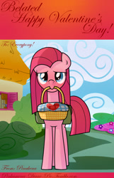 Size: 600x930 | Tagged: safe, artist:frankier77, character:pinkamena diane pie, character:pinkie pie, ask pinkamena diane pie, ask, basket, female, mouth hold, solo, tumblr