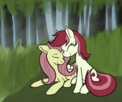 Size: 822x691 | Tagged: safe, artist:enma-darei, character:fluttershy, character:roseluck, eyes closed, female, lesbian, prone, roseshy, shipping, sitting, smiling