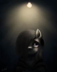 Size: 850x1080 | Tagged: safe, artist:ventious, character:marble pie, species:earth pony, species:pony, depression, female, lightbulb, lonely inky, solo