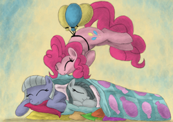 Size: 3484x2460 | Tagged: safe, artist:hewison, character:limestone pie, character:marble pie, character:pinkie pie, balloon, blanket, high res, pie sisters, pillow, sleeping, then watch her balloons lift her up to the sky