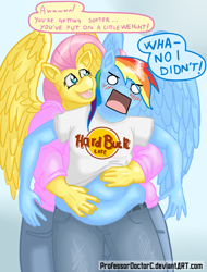 Size: 1566x2059 | Tagged: safe, artist:professordoctorc, character:fluttershy, character:rainbow dash, species:anthro, ship:flutterdash, bbw, belly, chubby, dialogue, fat, female, grope, hard rock cafe, lesbian, muffin top, rainblob dash, shipping, weight gain