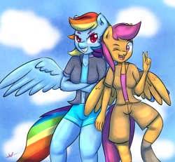 Size: 1300x1200 | Tagged: safe, artist:wolfy-pony, character:rainbow dash, character:scootaloo, species:anthro, species:pegasus, species:pony, older, peace sign