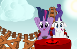 Size: 5641x3644 | Tagged: safe, artist:blackgryph0n, character:rarity, character:twilight sparkle, ship:rarilight, female, lesbian, no osha compliance, roller coaster, shipping