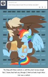 Size: 1124x1799 | Tagged: safe, artist:dbkit, character:dumbbell, character:rainbow dash, ship:dumbdash, ask, cider, drunk, drunker dash, female, laughing, male, shipping, straight, tumblr