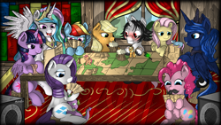 Size: 1920x1080 | Tagged: safe, artist:malamol, character:applejack, character:fluttershy, character:pinkie pie, character:princess celestia, character:princess luna, character:rainbow dash, character:rarity, character:spike, character:tiberius, character:twilight sparkle, character:twilight sparkle (alicorn), oc, species:alicorn, species:pony, candy, dungeons and dragons, female, lollipop, mane seven, mane six, mare, mug, spread wings, wings