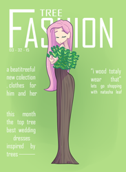 Size: 730x1000 | Tagged: safe, artist:looji, character:fluttershy, species:human, beautiful, clothing, dress, eyes closed, female, fluttertree, humanized, magazine cover, pun, solo, tree costume