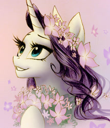 Size: 1258x1464 | Tagged: safe, artist:katputze, character:rarity, species:pony, species:unicorn, female, floral head wreath, flower, mare, pink background, portrait, simple background, smiling, solo