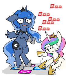 Size: 1200x1381 | Tagged: safe, artist:toki, character:princess celestia, character:princess luna, species:alicorn, species:pony, gamer luna, annoyed, bipedal, dance dance revolution, egophiliac-ish, female, floppy ears, frown, inconvenient, inconvenient celestia, inconvenient trixie, mare, open mouth, rhythm game, sibling teasing, style emulation, wat, wide eyes, woonoggles