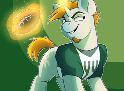 Size: 1280x944 | Tagged: safe, artist:pixel-prism, character:snips, species:pony, species:unicorn, american football, green background, magic, male, older, older snips, puberty done right, simple background, solo, stallion, telekinesis, twilight sparkle's secret shipfic folder