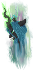 Size: 600x1300 | Tagged: dead source, safe, artist:xieril, character:queen chrysalis, species:changeling, bust, changeling queen, fangs, female, frown, glowing horn, smiling, solo
