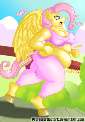 Size: 2826x4049 | Tagged: safe, artist:professordoctorc, character:fluttershy, species:anthro, species:unguligrade anthro, bbw, chubby, exercise, fat, fattershy, female, jogging, muffin top, running, solo, sweat