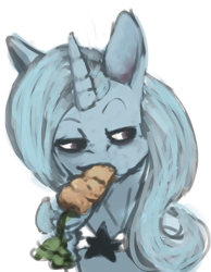 Size: 500x643 | Tagged: dead source, safe, artist:celestiawept, character:trixie, species:pony, species:unicorn, bust, cape, carrot, clothing, eating, female, herbivore, lidded eyes, looking away, looking sideways, mouth hold, portrait, simple background, solo, trixie's cape, white background