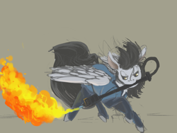Size: 500x375 | Tagged: safe, artist:celestiawept, oc, oc only, species:pegasus, species:pony, bodysuit, fire, flamethrower, flying, looking at something, looking down, mouth hold, simple background, solo, spread wings, weapon, wings