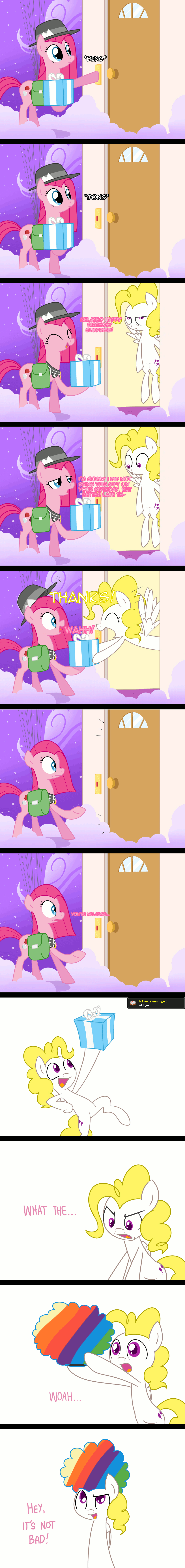 Size: 1024x8672 | Tagged: safe, artist:frankier77, character:pinkamena diane pie, character:pinkie pie, character:surprise, ask pinkamena diane pie, g1, animated, ask, bag, clothing, comic, female, hat, present, tumblr