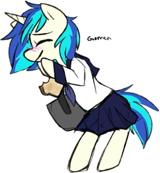 Size: 549x594 | Tagged: safe, artist:ghost, character:dj pon-3, character:vinyl scratch, species:pony, species:unicorn, bipedal, clothing, female, japanese, school uniform, schoolgirl, schoolgirl toast, simple background, solo, toast, white background