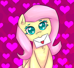 Size: 1200x1100 | Tagged: safe, artist:wolfy-pony, character:fluttershy, chest fluff, cute, eyelashes, female, heart, looking at you, love letter, mouth hold, smiling, solo, valentine, valentine's day