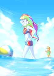 Size: 729x1032 | Tagged: safe, artist:frankier77, character:applejack, character:rainbow dash, my little pony:equestria girls, armpits, beach, beach ball, breasts, clothing, delicious flat chest, female, midriff, one-piece swimsuit, pose, rainbow flat, speedo, swimsuit, water