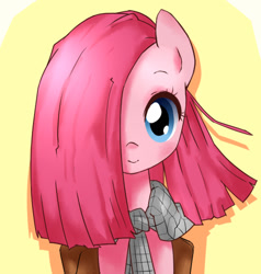 Size: 484x508 | Tagged: safe, artist:frankier77, character:pinkamena diane pie, character:pinkie pie, ask pinkamena diane pie, ask, clothing, cute, cuteamena, female, hair over one eye, scarf, solo, tumblr