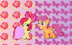 Size: 2560x1600 | Tagged: safe, artist:alicehumansacrifice0, artist:moongazeponies, artist:stinkehund, character:apple bloom, character:scootaloo, species:pegasus, species:pony, ship:scootabloom, female, lesbian, shipping, wallpaper