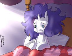 Size: 2480x1944 | Tagged: safe, artist:siberwar, character:rarity, 30 minute art challenge, bed, bed mane, bloodshot eyes, female, morning ponies, solo