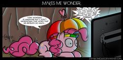 Size: 5700x2800 | Tagged: safe, artist:zsparkonequus, character:pinkie pie, species:earth pony, species:pony, absurd resolution, clothing, comic, dialogue, eye reflection, female, hat, mare, pinkie being pinkie, pinkie sense, reflection, say hello to my little friend, scarface, shrunken pupils, solo, speech bubble, television, twitchy tail, umbrella hat