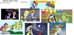 Size: 1197x563 | Tagged: safe, artist:petirep, character:rainbow dash, character:scootaloo, character:surprise, character:twilight sparkle, oc, oc:wooden toaster, species:pegasus, species:pony, fanfic:rainbow factory, g1, 1000 hours in ms paint, childhood innocence, comic, computer, ms paint, rainbow dash presents