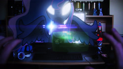 Size: 3840x2160 | Tagged: safe, artist:bastbrushie, artist:iheartnico2, character:princess luna, species:alicorn, species:pony, camera, computer, female, figurine, fourth wall destruction, glowing eyes, hand, headphones, irl, keyboard, lava lamp, lens flare, mare, monster energy, offscreen character, peytral, photo, ponies in real life, pov, solo, spread wings, television, turntable, vector, wings