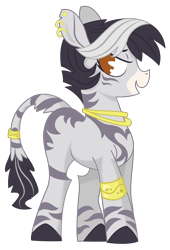 Size: 961x1410 | Tagged: safe, artist:dbkit, oc, oc only, oc:countess foresight, species:zebra, backstory, ear piercing, earring, female, hybrid, jewelry, lidded eyes, neck ring, piercing, simple background, solo, tail ring, transparent background, tumblr